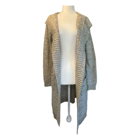 Sienna Sky Hooded Longline Cardigan Sweater Tan Ribbed Knit Open Long Sleeve - Picture 1 of 7